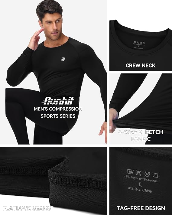 Runhit Men's Compression Base Layer Long Sleeve Top, UPF 50+ Quick Dry Sports Undershirt for Running Gym Cycling Football Golf Training