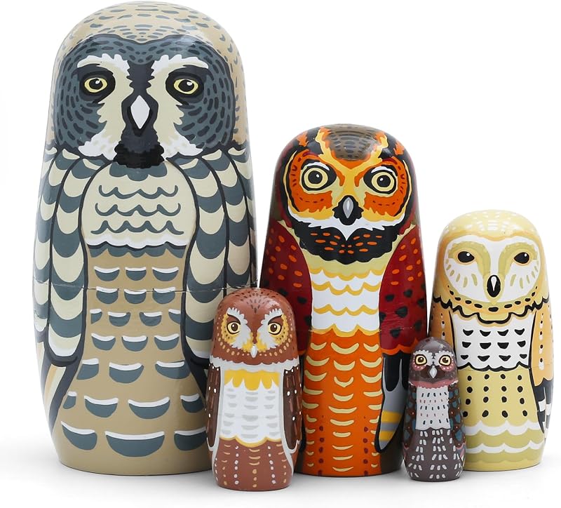 Owl Family Nesting Dolls – 5 Nested Wooden Matryoshka Russian Dolls, Forest Animal Stacking Figurines for Kids, Owl Lovers, Home Décor, Christmas & Birthday Gifts
