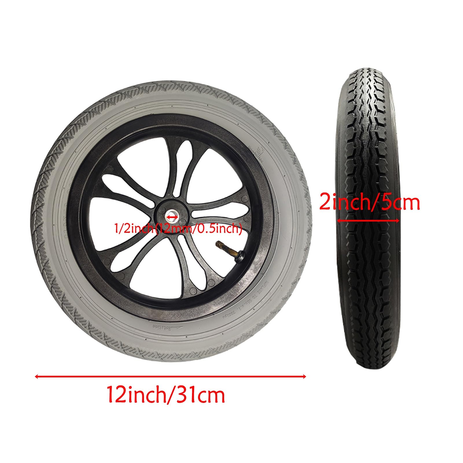 12 Inch Wymiana Tylne Koło Wózka Inwalidzkiego, 310X50-203 Pneumatyczne Gumowe Opona z Łożyskami 1/2" (12mm) do Elektrycznego Wózka Inwalidzkiego (1 Para)