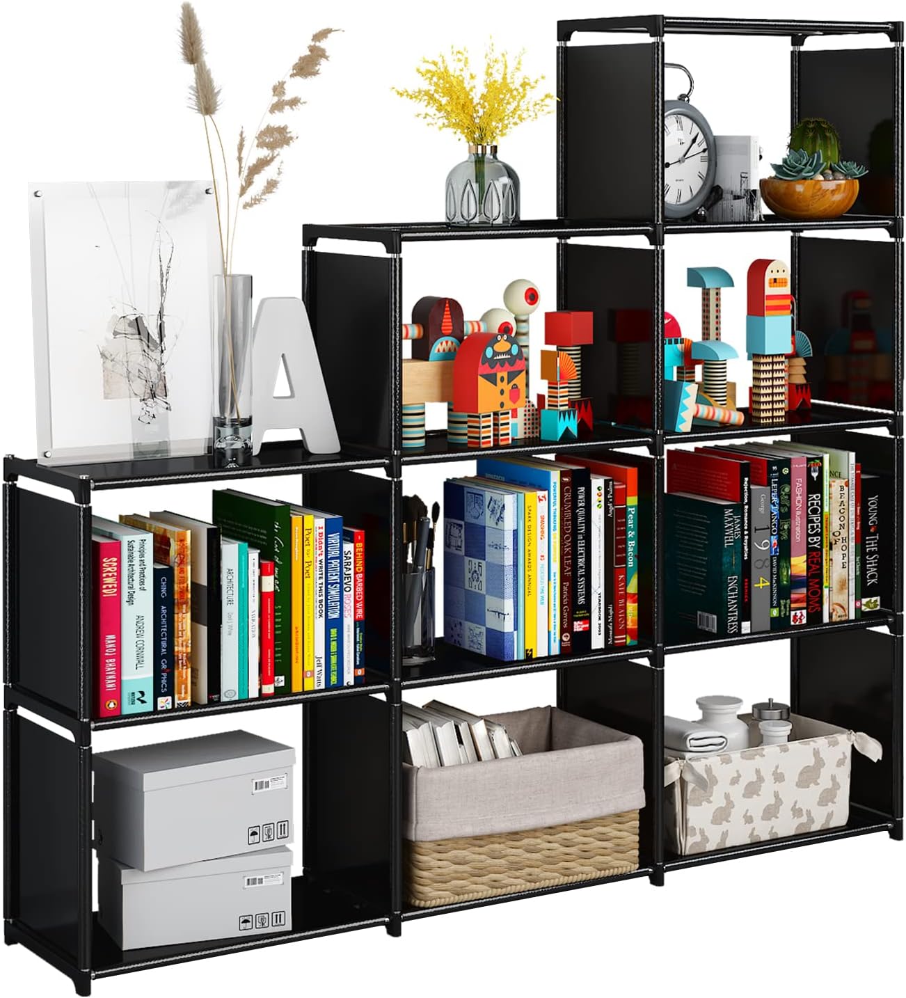 – JIUYOTREE 9 Cube Bookcase Under Stairs Storage Unit Multi-Use Cube Storage Organiser for Living Room, Books, Toys, Clothes, Tools, Black
