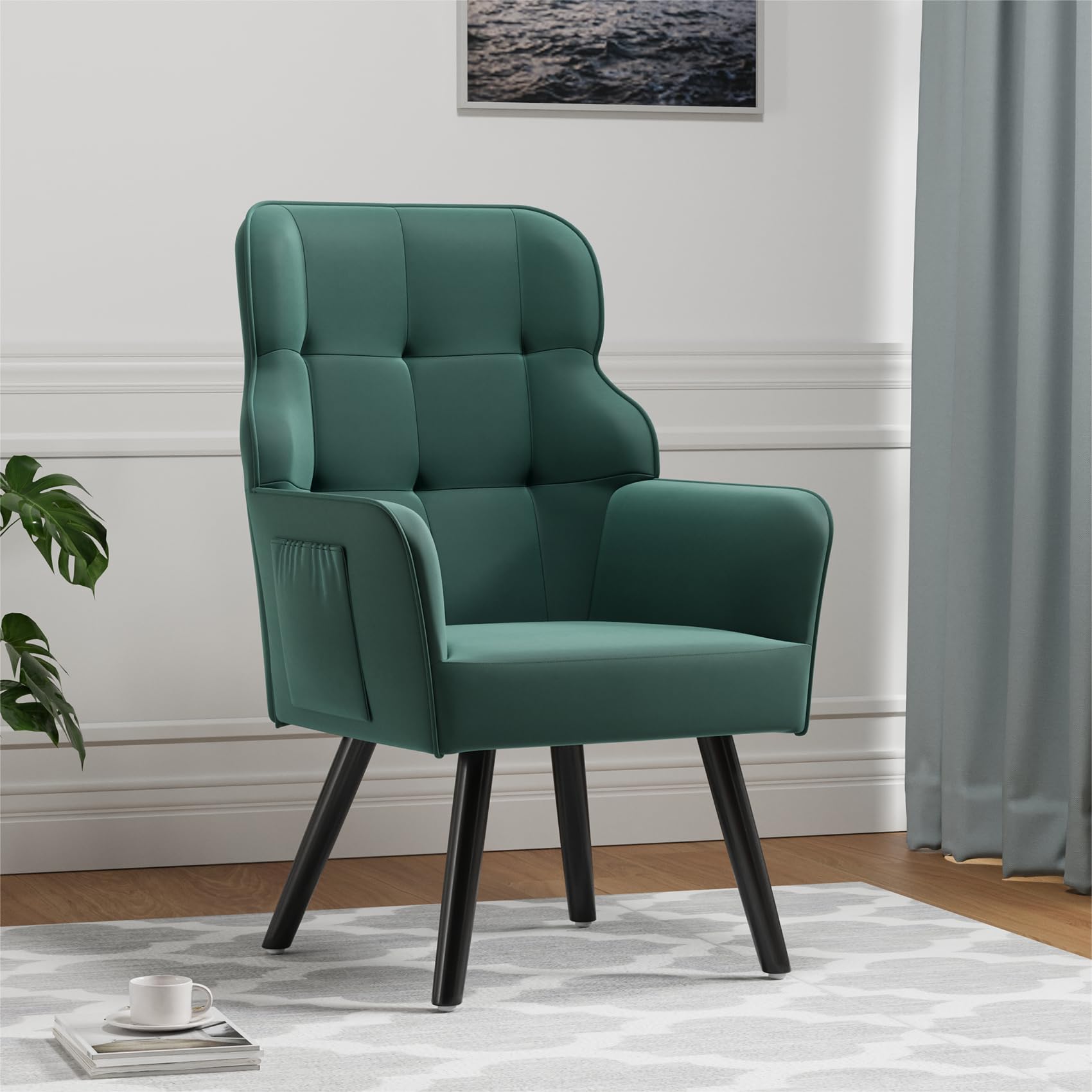 Modern Accent Christmas Chair, Mid-Century Velvet Armchair with Lumbar Pillow, Upholstered Tufted Comfy Chair, Single Sofa with Sturdy Wood Legs or Living Room/Bedroom/Office, Green