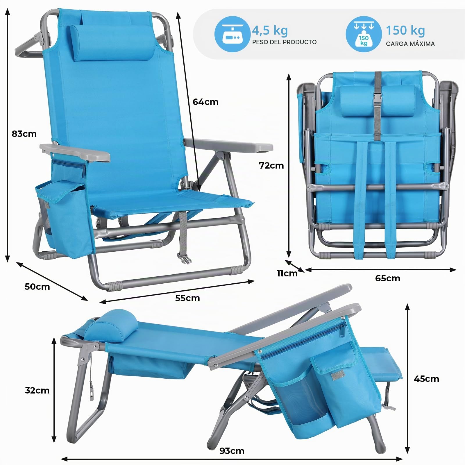 LIFERUN Silla de Playa Plegable, Silla Plegable Ligera y Portátil como Mochila, Silla de Camping, Reclinable, Capacidad de Carga de hasta 150 kg, Silla Plegable de Exterior