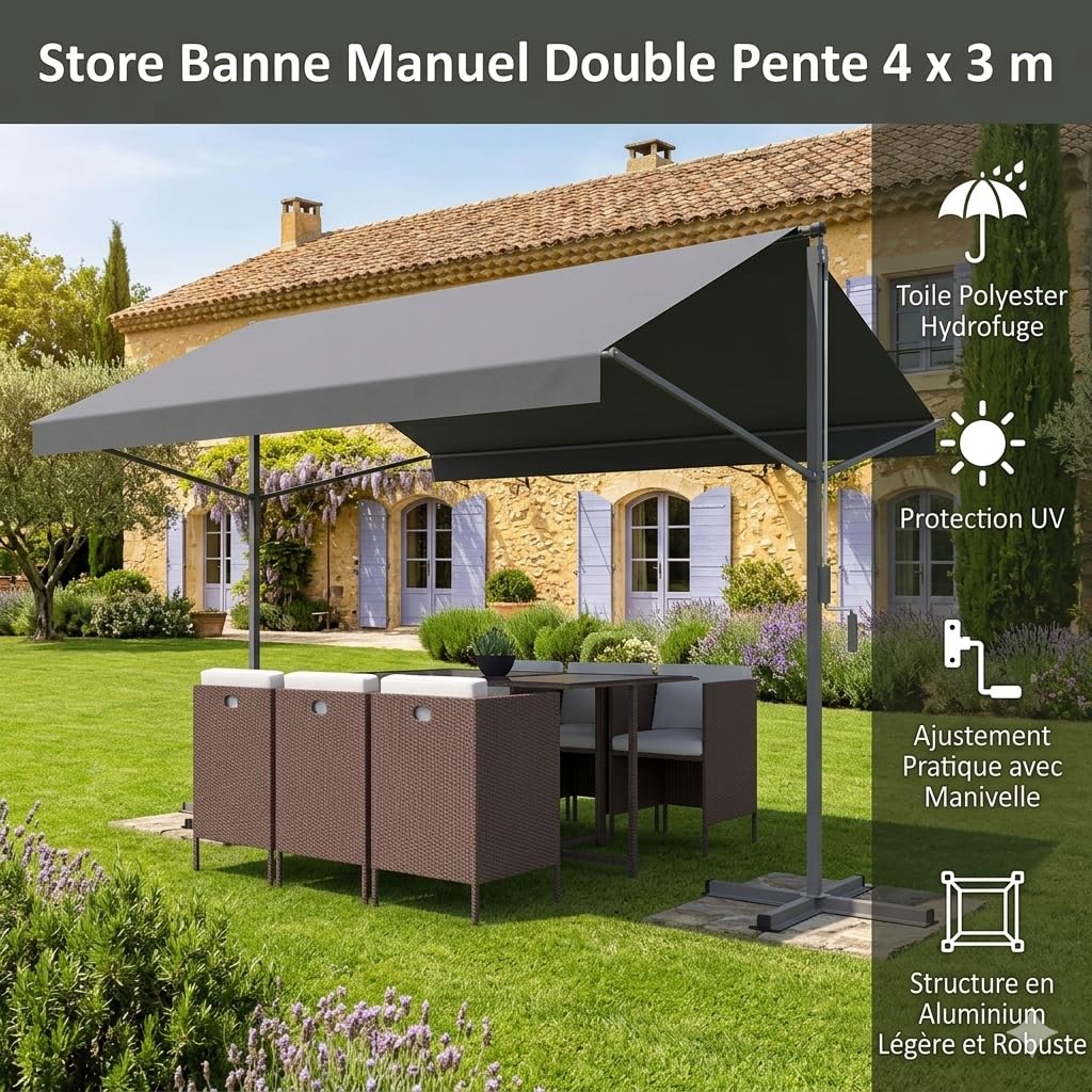 Store Banne Double Pente 4x3m Manuel ISEO Gris - Toile Waterproof 250g/m² Hydrofuge & Anti-UV - Protection Jardin & Terrasse avec Manivelle - Structure Aluminium Robuste - Concept Usine