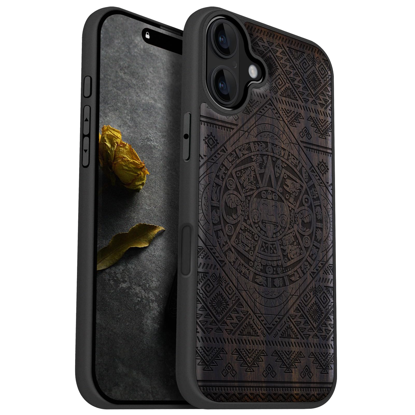 Carveit Magnetic Wooden Case for iPhone 16 Plus Case, Wood Artisan Engraved & Black Soft TPU Shockproof Cover, Compatible with MagSafe Wireless