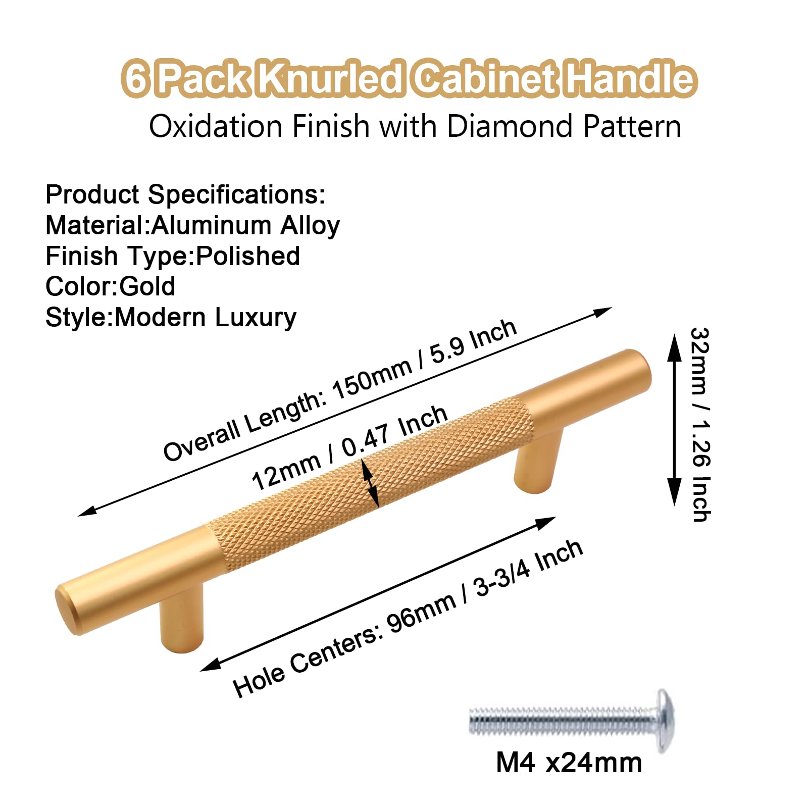 Cjueiom 6 Pack Gold T Bar Cupboard Handles, 96mm Hole Center, Wardrobe & Drawer Handles with Diamond Pattern, Kitchen Cabinet Pulls - Image 2