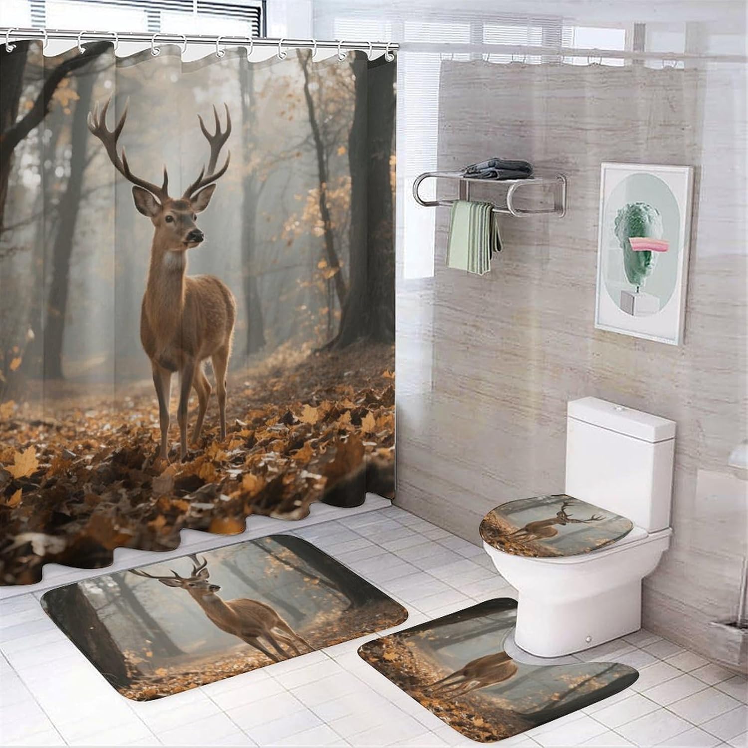 Rustic Woodland Deer Shower Curtain Set 4 Piece, Non-Slip Bath Mat with Toilet Lid Cover and Waterproof Shower Curtain with 12 Hooks, Complete Bathroom Set for Home Decor
