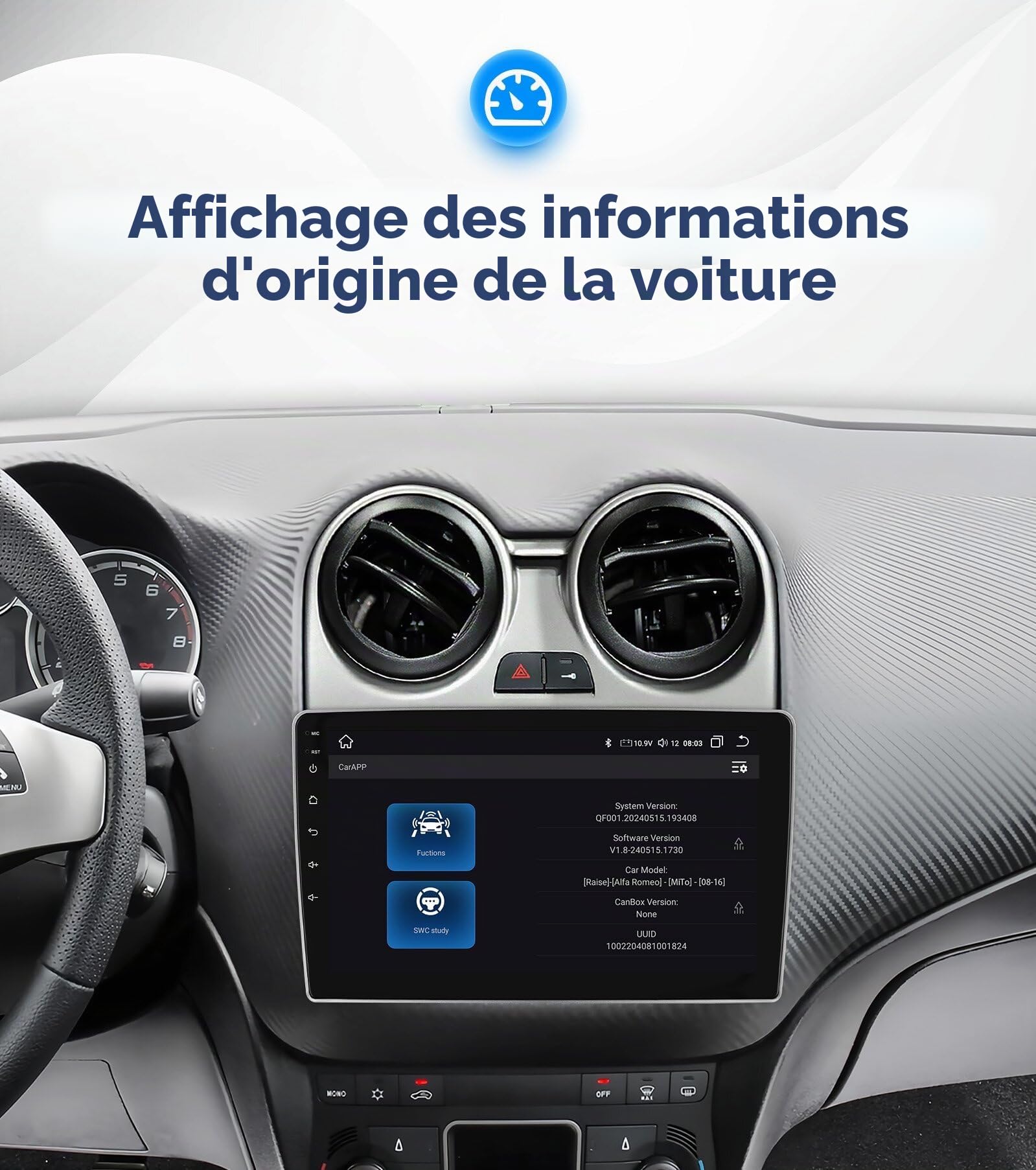 Ossuret Autoradio pour Alfa Romeo Mito 955 (2008-2016), 8-Core 4G+64G Android 14 GPS Navi, écran Tactile QLED 9 Pouces avec CarPlay, Android Auto, Bluetooth, WiFi, 4G, LTE, DSP, RDS, USB, SWC