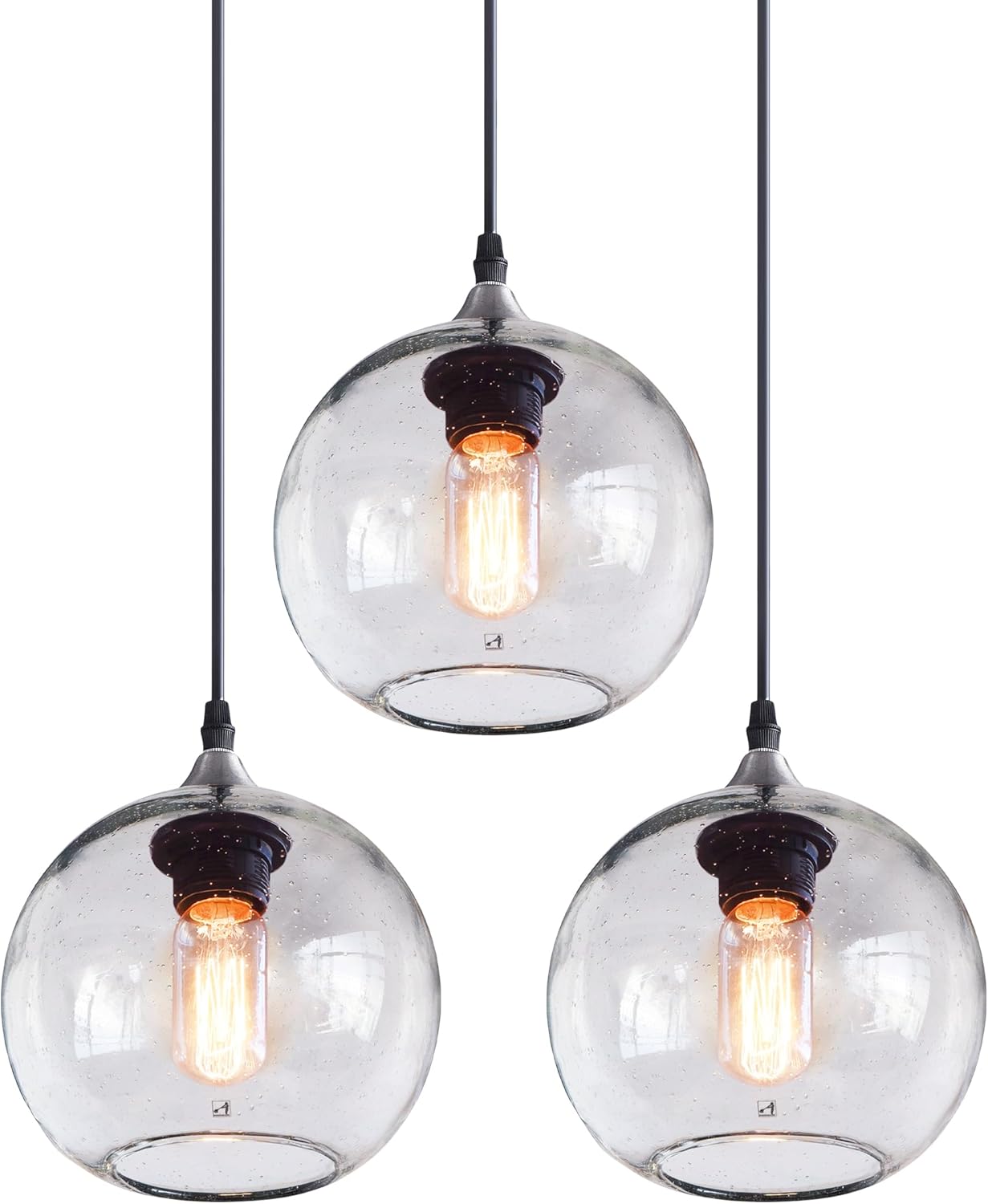 ariamotion pendant lights kitchen island 3 pack hand blown glass modern rustic lighting clear seeded bubbles dining room table coffee bar counter brushed nickel globe shape 7.4 inch diam 7.4" clear-3 pack 7.4" diam