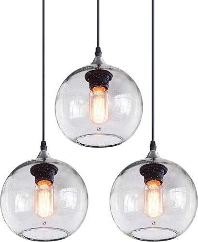 ARIAMOTION Luces colgantes para isla de cocina, paquete de 3 unidades de vidrio soplado a mano, iluminación rústica moderna, burbujas transparentes
