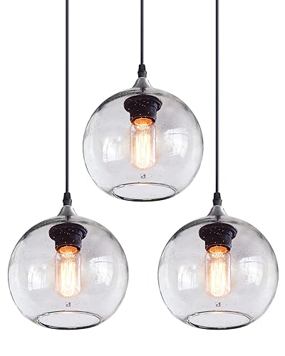 ARIAMOTION Pendant Lights Kitchen Island 3 Pack Hand Blown Glass Modern Rustic Lighting Clear Seeded Bubbles Dining Room Table Coffee Bar Counter Brushed Nickel Globe Shape 7.4 Inch Diam