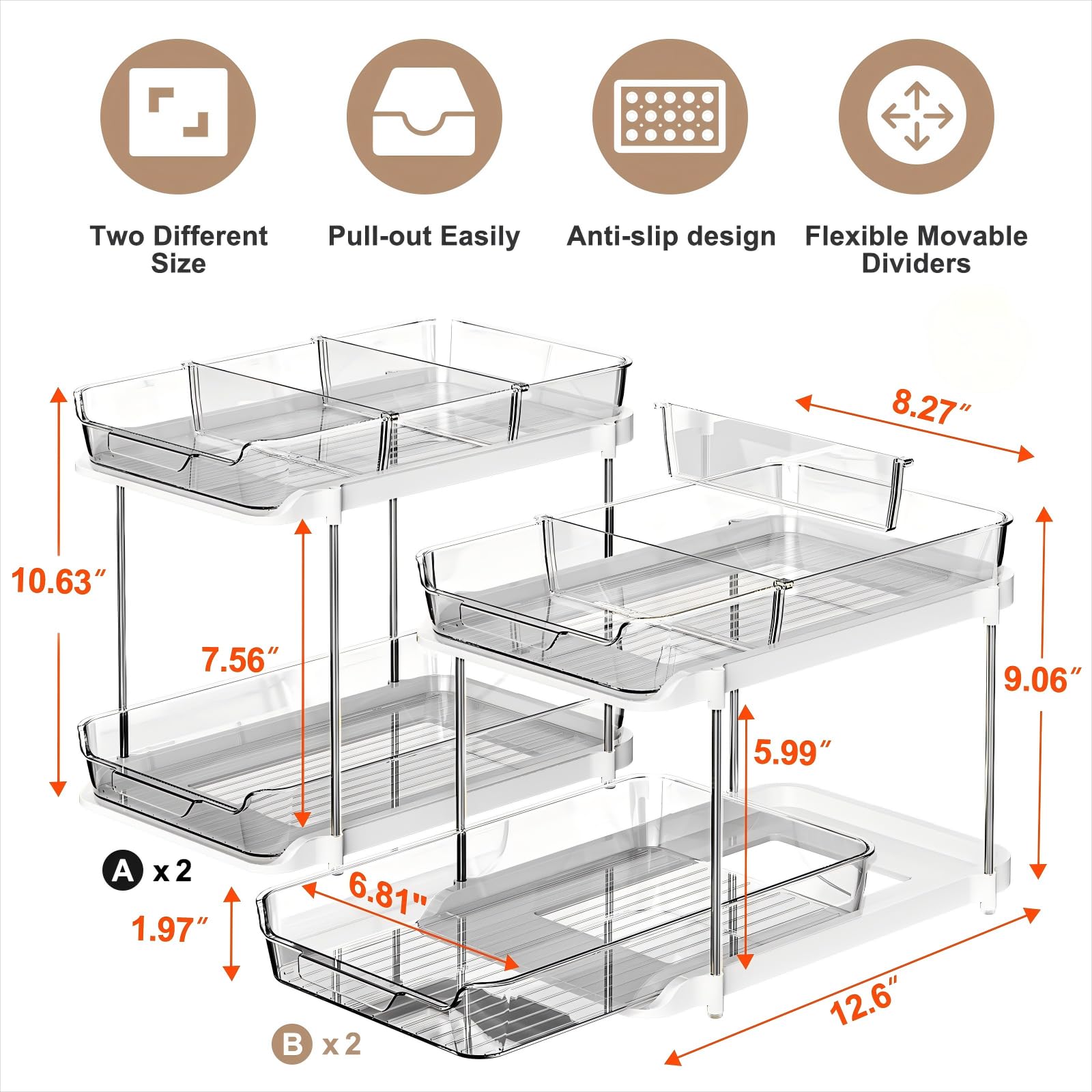 Delamu 2-Tier Multi-Purpose Bathroom Under Sink Organizers and Storage, Stackable Kitchen Pantry Organization, Pull Out Medicine Cabinet Organizer with Movable Dividers, Grey, 4 Pack