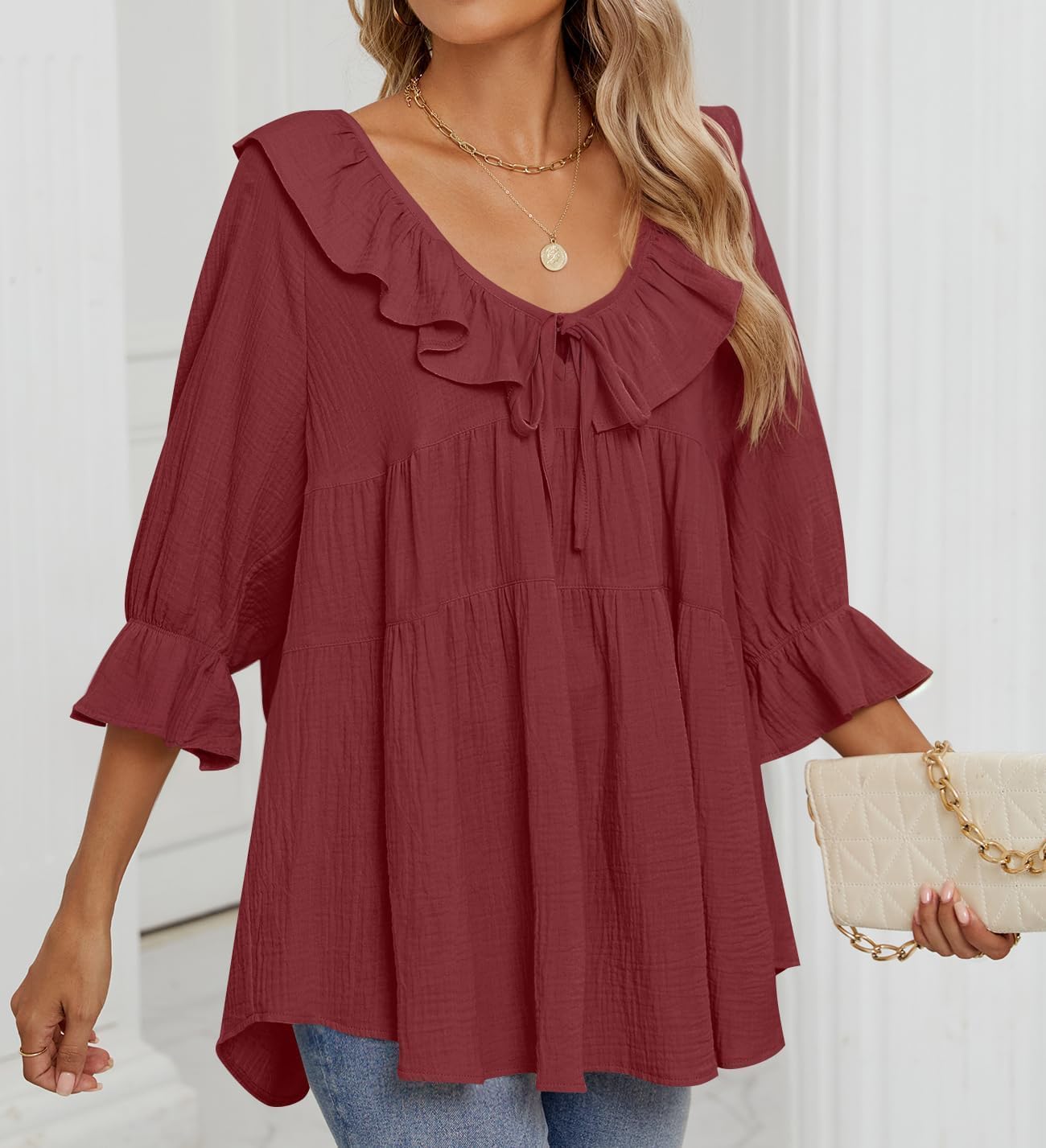 ZESICA Womens Scoop Neck 3/4 Length Sleeve Tops 2026 Casual Tie Front Ruffle Tiered Loose Tunic Shirts Blouses Fall Outfits - Image 8
