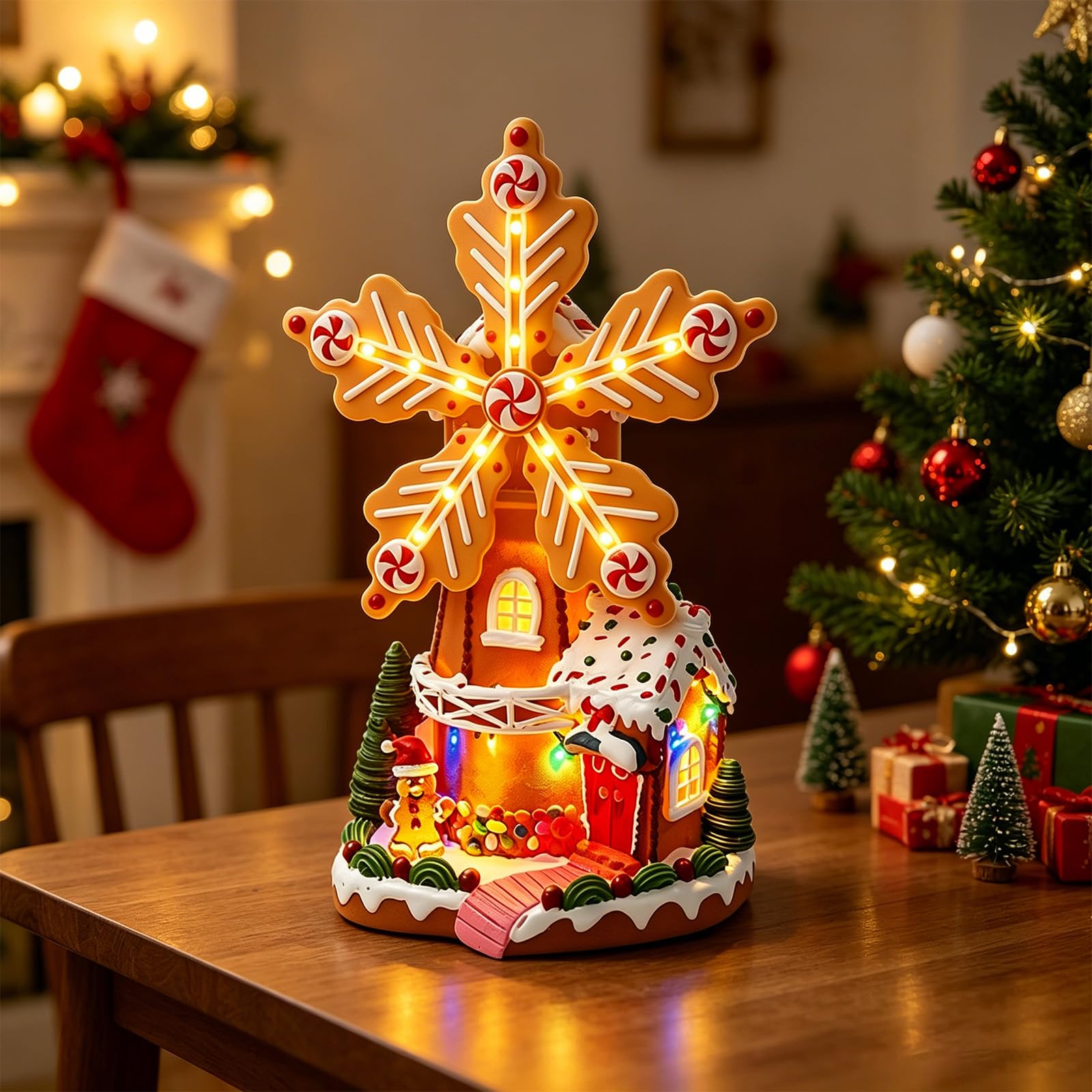 Decoración navideña de Candy House con diseño de Molino de Iluminado, decoración de navideña para repisa, Escritorio, Estante y Centro de de Fiesta Decoración Festiva con diseño de de