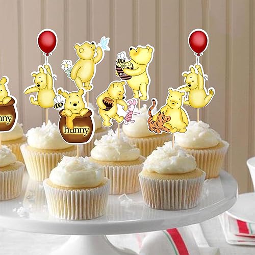 Miniatura 4 de 24 piezas Winnie Baby Shower Cupcake Toppers para Classic the Pooh suministros de fiesta de cumpleaños, decoración de pastel de Winnie para
