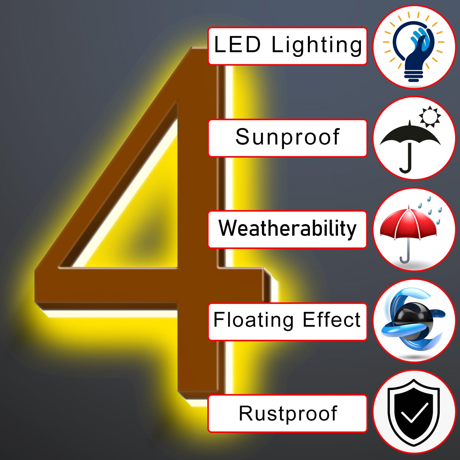 Numero Civico Illuminato A LED Retroilluminato 20", Numeri di Indirizzo Grandi E Moderni Illuminati, Acciaio Inossidabile Lucidato Per Insegne Indirizzi Case Illuminate, Marrone, Luce Gialla