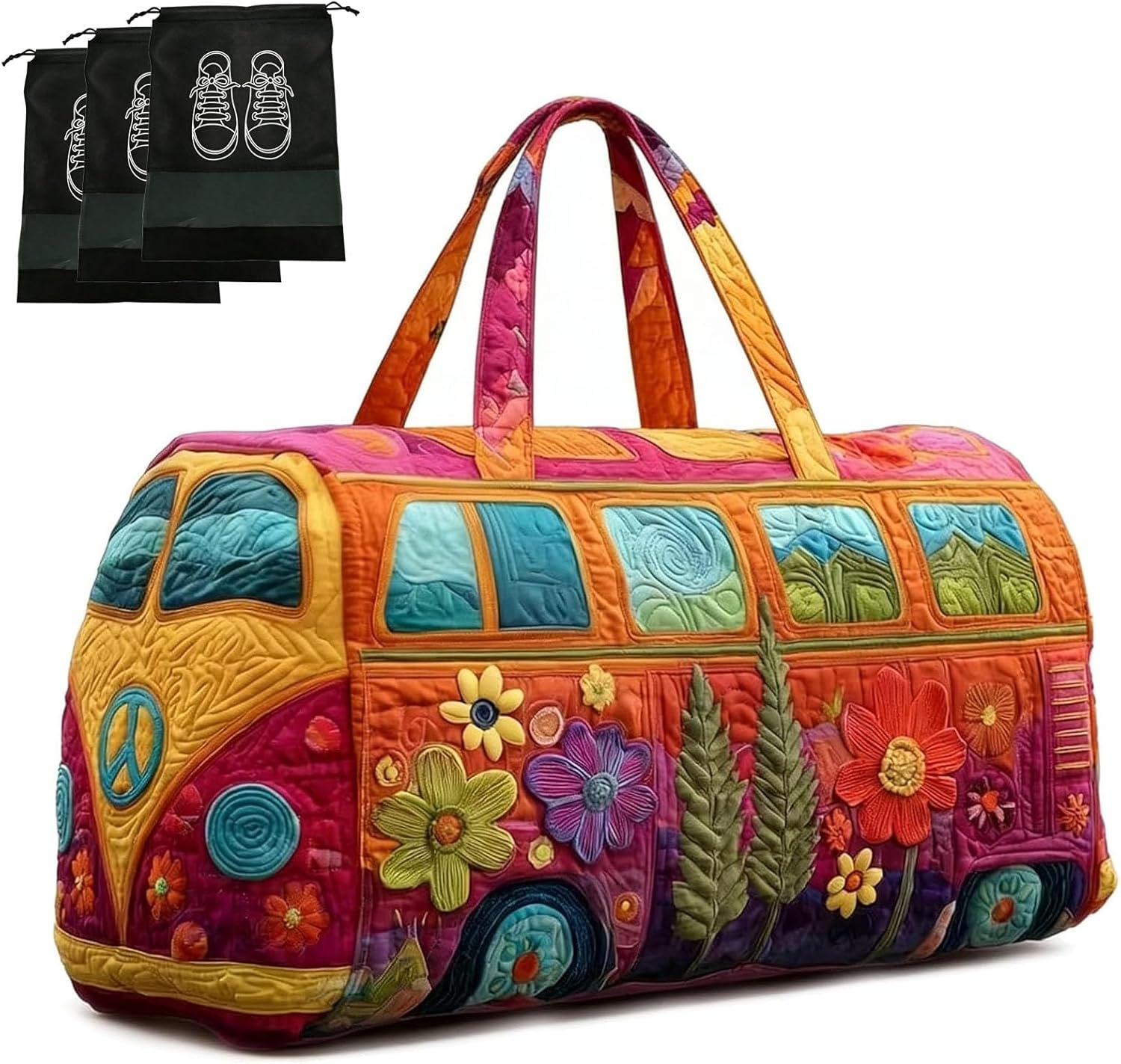 Unisex Boho Quilted Weekender Bag – Lightweight, Free-Spirited, Ready to Wander, Large Hippie Journey Travel Duffle With 3 Shoe Bags, Vintage Floral Luggage for Gym, Yoga & Carry-on (Q, 18*9*9 IN)