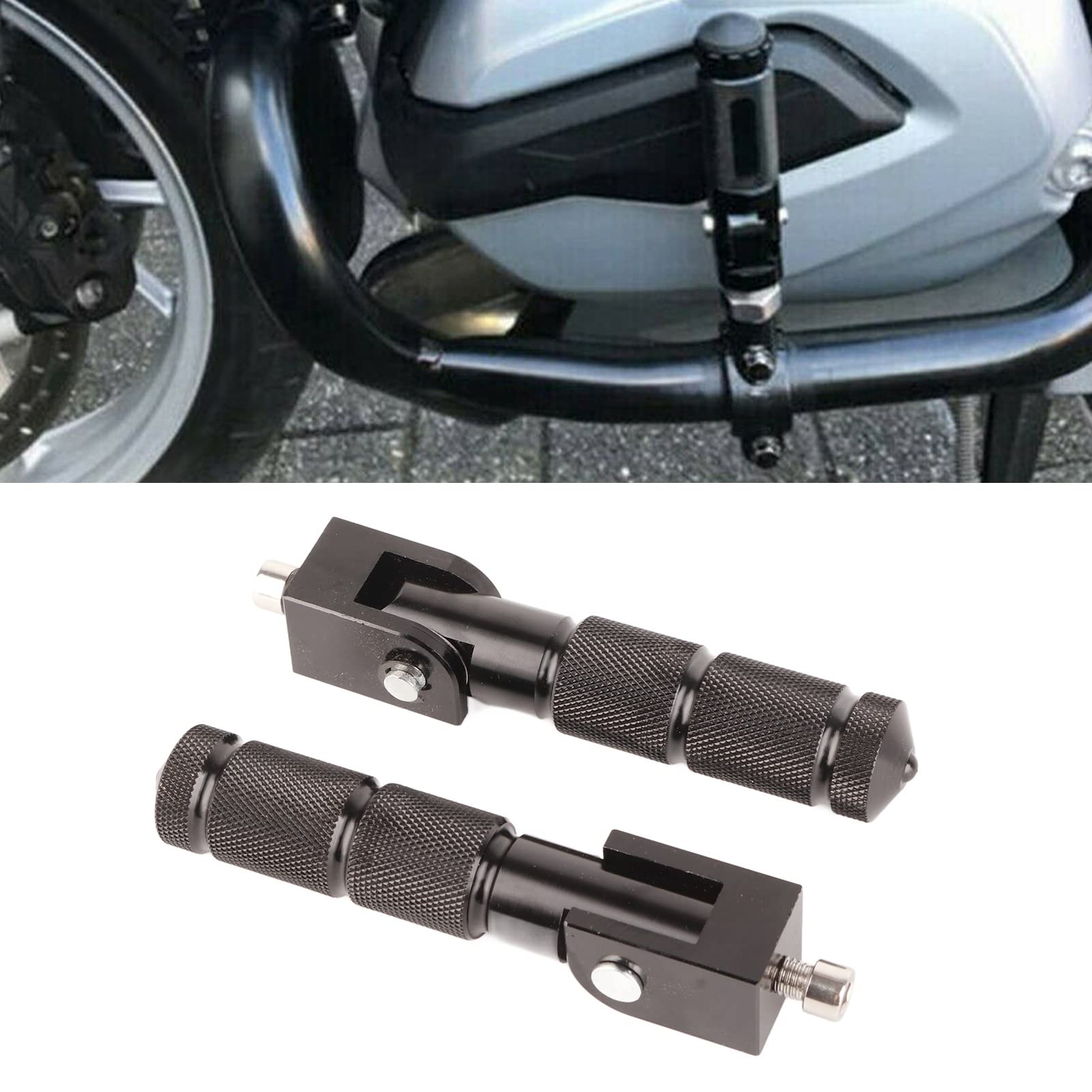 Pedane Poggiapiedi per Moto 2 Pezzi, Pedane Poggiapiedi Universali per Moto Viti da 8 Mm Installazione Asta di Supporto Pieghevole a 90 Gradi Pedali in Alluminio Adatto alla Maggior Parte(Nero)