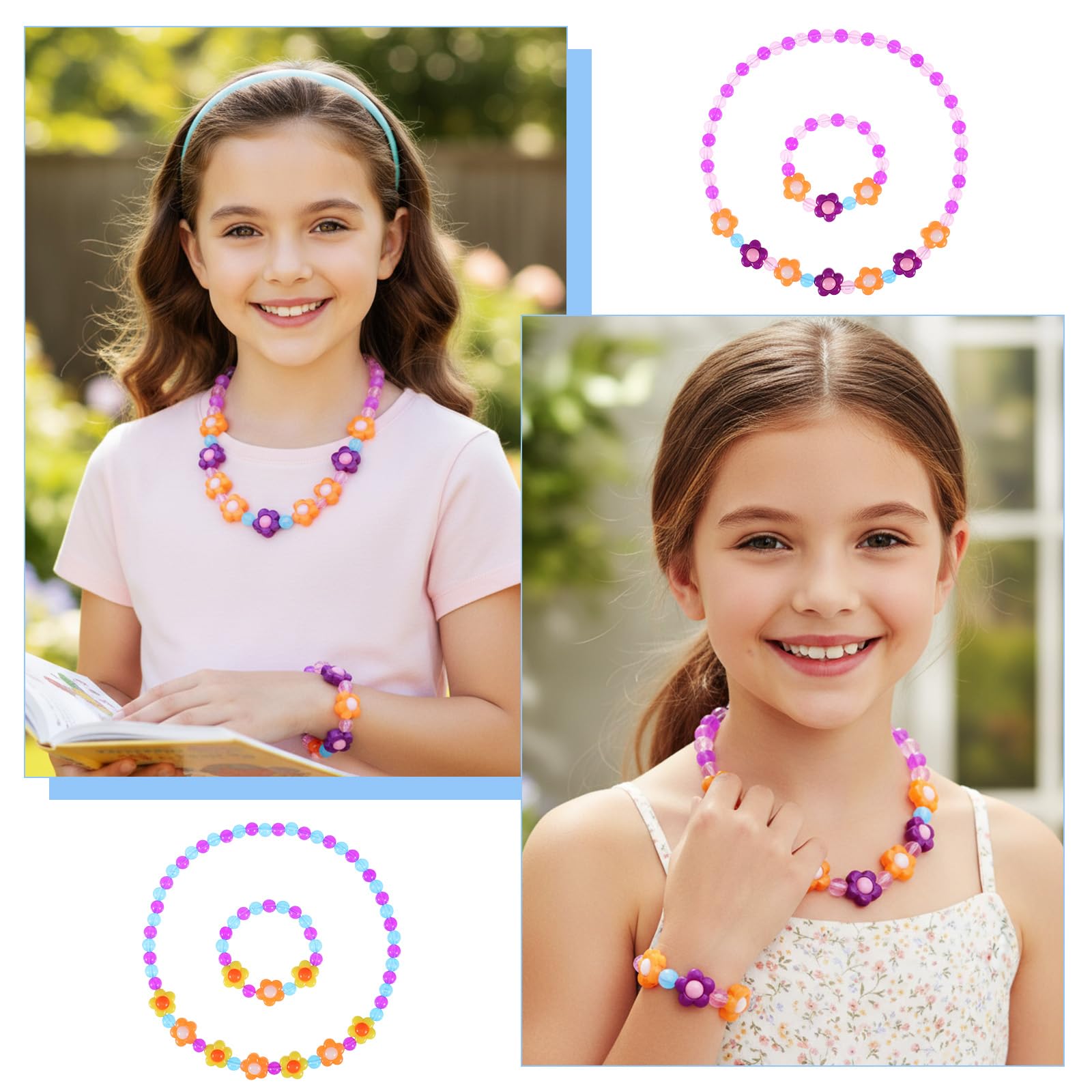 Ajcotahm Toddler Jewelry Set of 2 - Cute Flower Beads Necklace and Bracelet for Kids Toddler Little Girls Stretchy Princess Jewelry for Dress Up Birthday Parties Costume Play 4