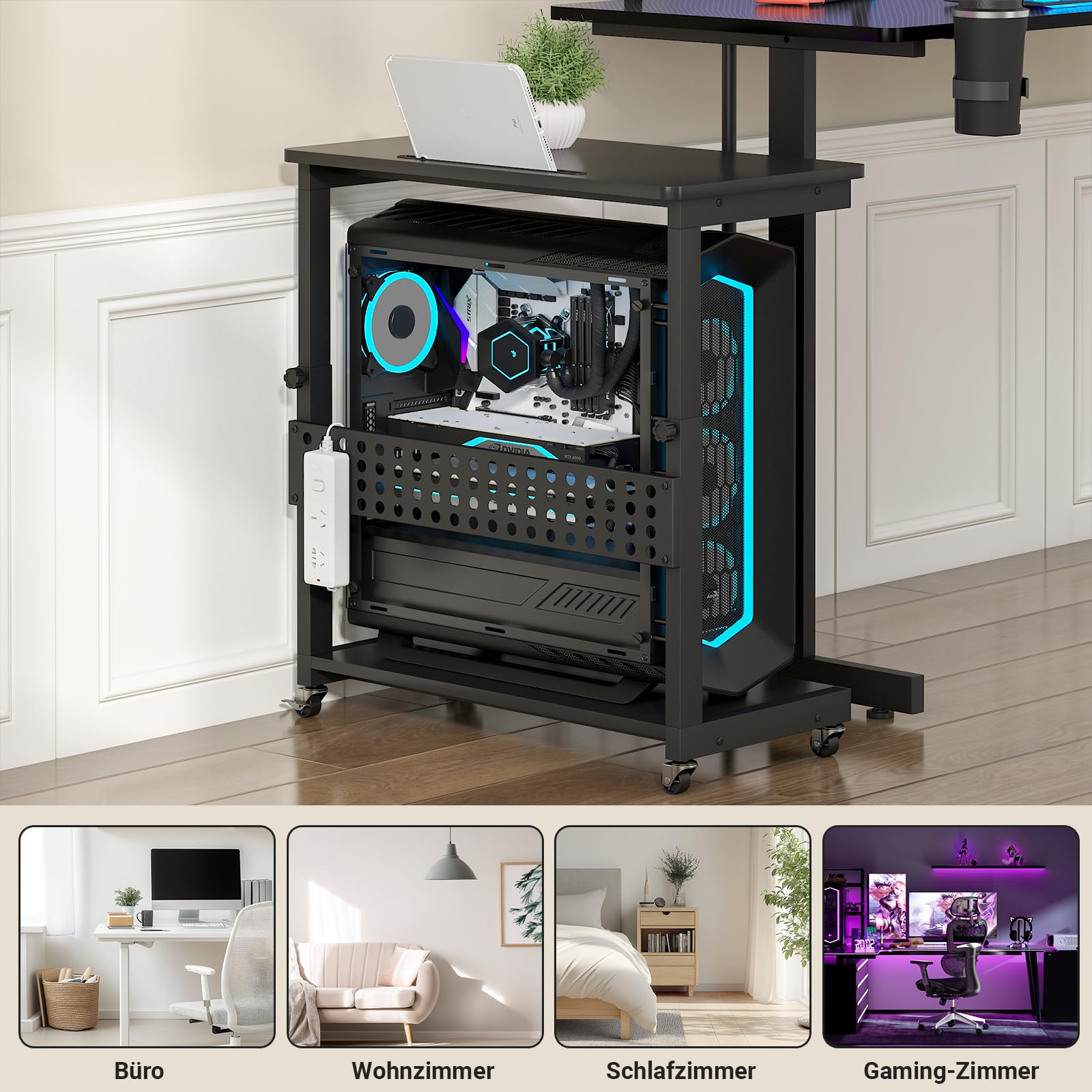 Höhenverstellbarer Computer Tower Ständer, PC Ständer mit Rollen & Schlitz & Haken, 2 Schicht Computer Stand, PC Rollwagen, Druckerständer, CPU Stand für Heimbüro, Schreibtisch, Computertisch, Schwarz
