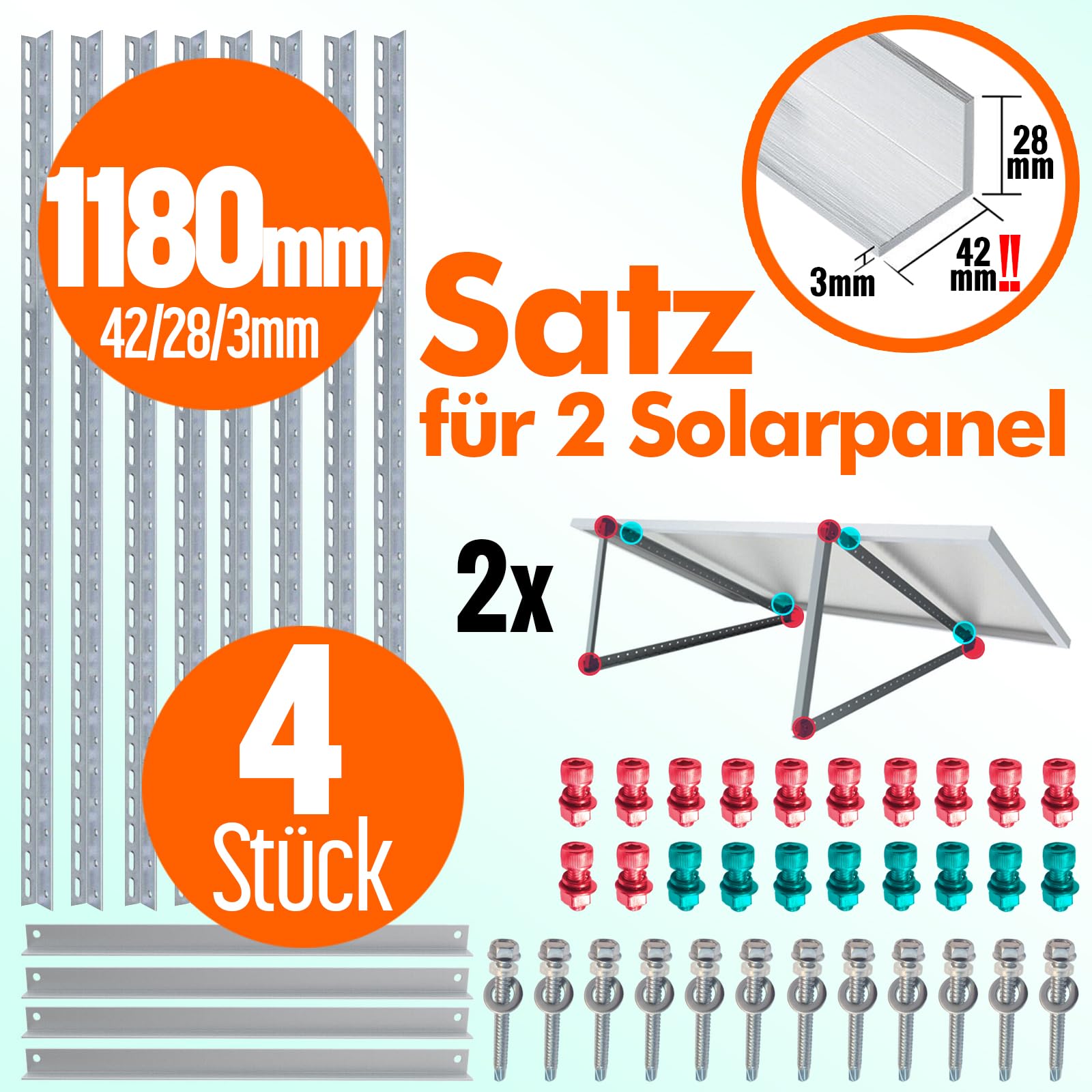 4x Solarmodul Halterung 1180mm Set Profil 40x28x3! für 2 Solarpanels Solarmodul Flachdach Aufständerung Photovoltaik Universal Balkonkraftwerk Robuste Wand Flachdachmontage, Wetterbeständig, PV Module