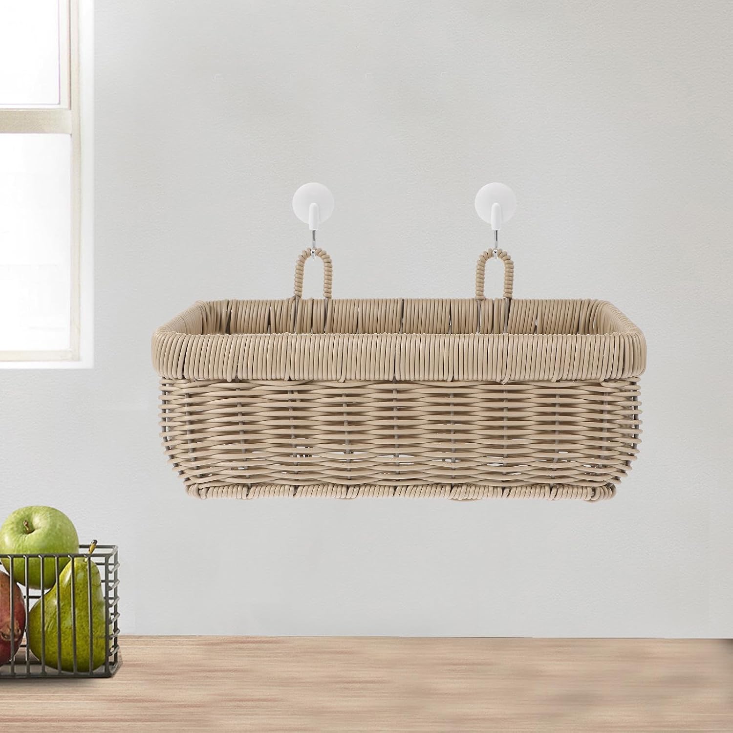 Large Gray Hanging Woven Storage Basket for Kitchen Wall, Garlic and Ginger Holder with Hook, Sturdy Kitchen Woven Wall Basket for Vegetable and Fruit Organization