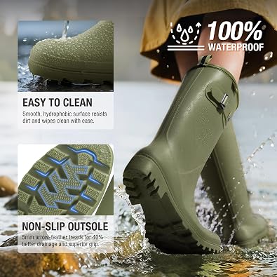 HISEA Women Rain Boots Slim Calf Tall Waterproof Tight PVC Rubber Rainboots | Seamless Fashion Ladies Horse Boots Style Garden Barn Farm Commute Mud Boot Fishing Walking Dogs