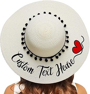 Personalized Customize Name Text Women Sun Hat Summer Beach Hat Black Pompom Large Brim Straw Hat