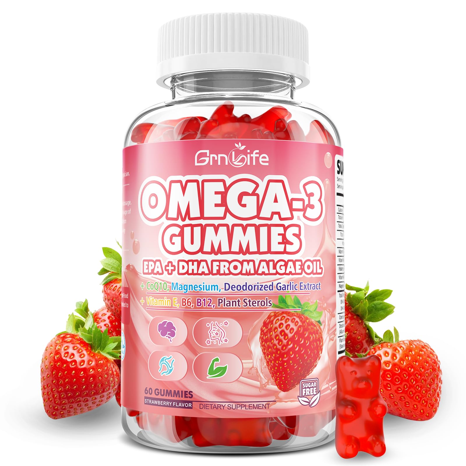 Vegan Omega 3 Gummies 1000mg + CoQ10 + Magnesium - w/Algae EPA 600mg & DHA 400mg, Fish Oil Omega-3 Supplements Alternative for Adults, for Brain, Eye, Immune Health, Strawberry Flavor, 60 Count 60 Count (Pack of 1)