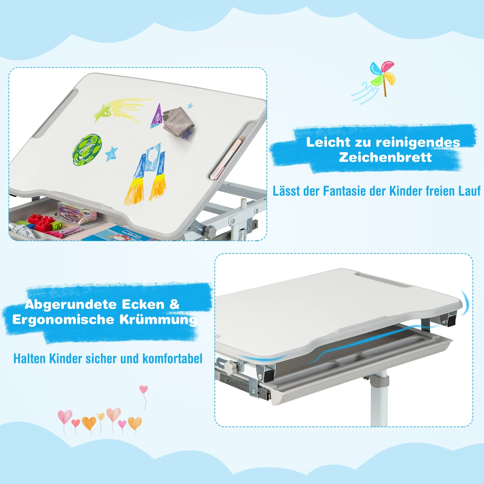 COSTWAY Schreibtisch Kinder, Kinderschreibtisch höhenverstellbar mit neigbarer Tischplatte & Schublade, multifunktionaler Schreibtisch mit Stuhl für Jungs & Mädchen (Grau)