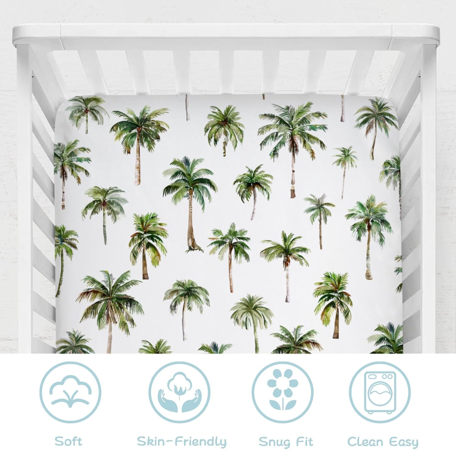 Watercolor Palm Trees Baby Crib Sheets 52''x28'' Green Coco Palm Trees Snug Fitted Crib Mattress Cover for Boy Girl Summer Beach Soft Baby Nursery Bed Sheets for Standard Crib and Toddler Mattresses
