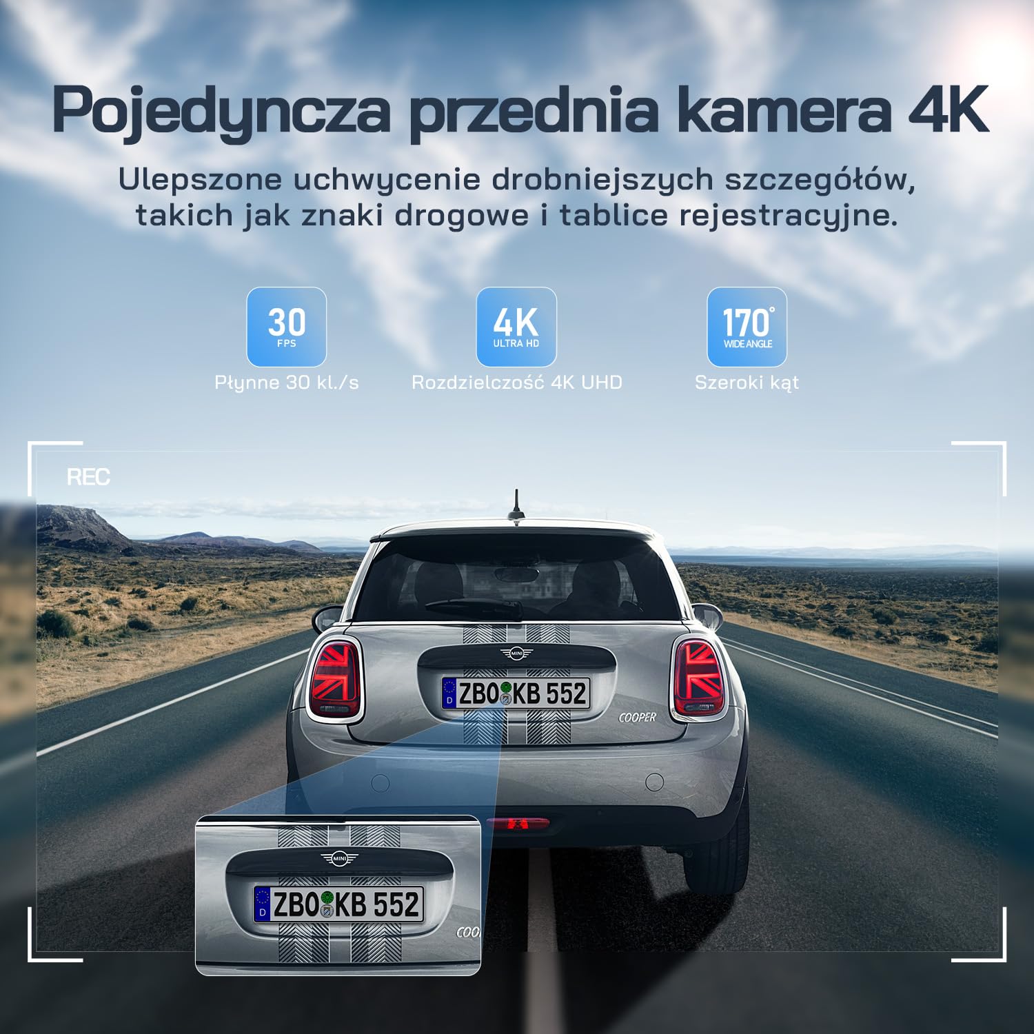Kamera samochodowa WOLFANG 4K przednia i tylna kamera samochodowa Wi-Fi, podwójna kamera samochodowa z noktowizorem, nagrywanie w pętli, czujnik G, szeroki kąt 170, osłona parkowania
