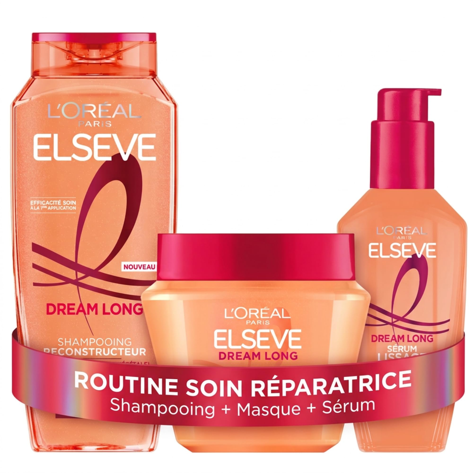 L'Oréal Paris - Routine Soin Réparatrice - Pour Cheveux Longs Abimés - Enrichi en Kératine Végétale - Shampooing, Masque et Sérum- Elseve Dream Long