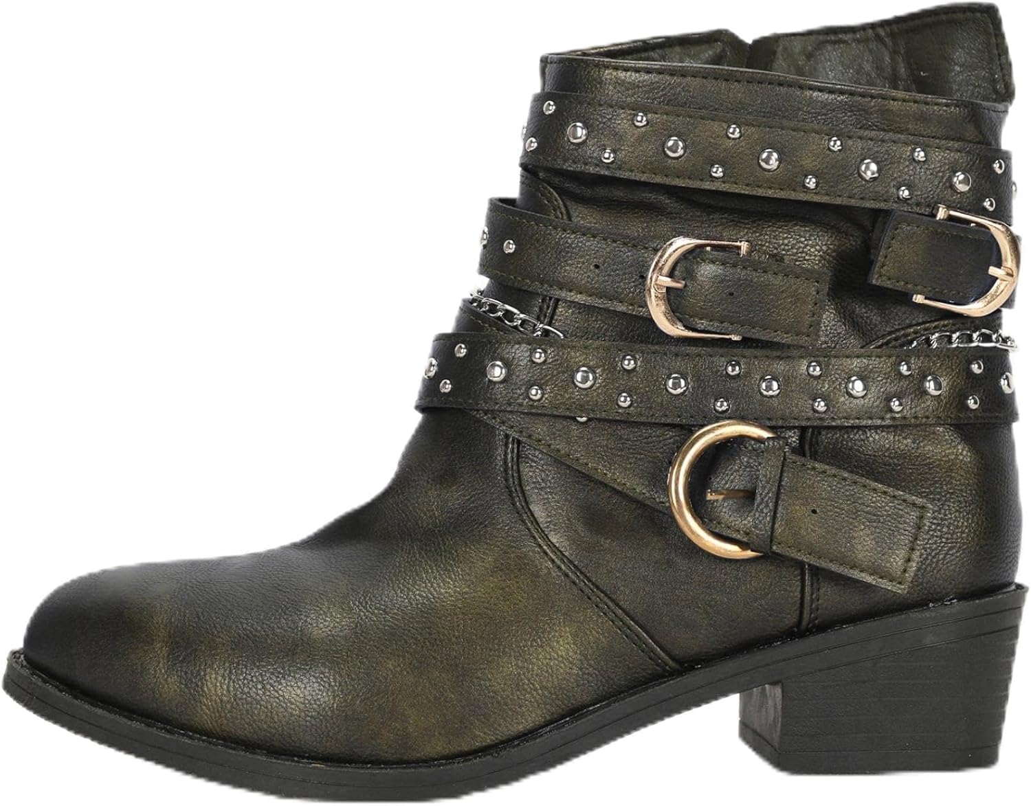 Womens Ankle Boot Fashion Studded Leather Block Heel Strap Trim Punk Boots Winter Side Zipper Short Booties