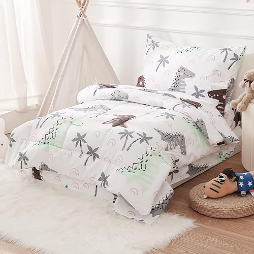 Miniatura 7 de JSD Juego de ropa de cama de dinosaurio de 4 piezas, juego de edredón de microfibra para niñas y niños, incluye sábana encimera, sábana bajera,