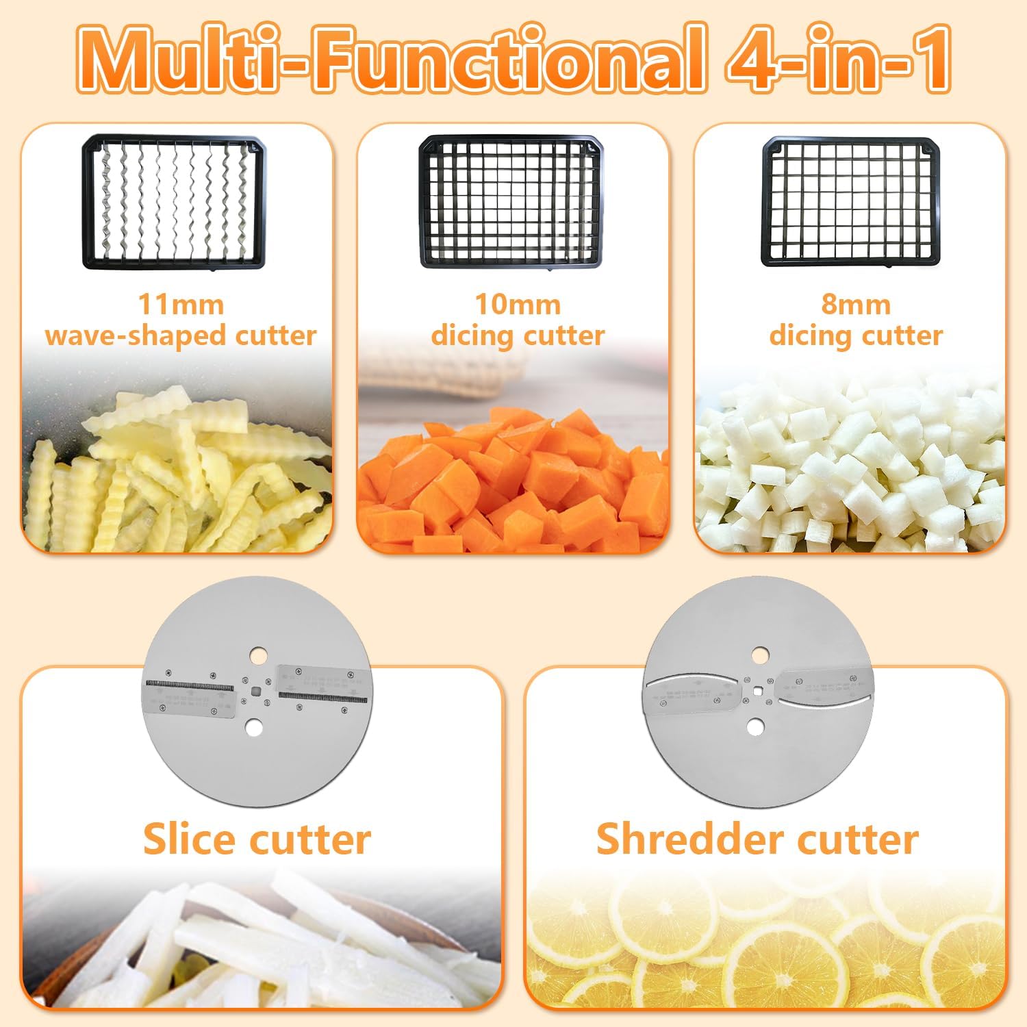 4 in 1 Commercial Vegetable Processor, 200W Electric Veggie Fruit Slicer Dicer Shredder & Strip Crinkle Cutter All Stainless Steel 110volt, for Commercial Home Use