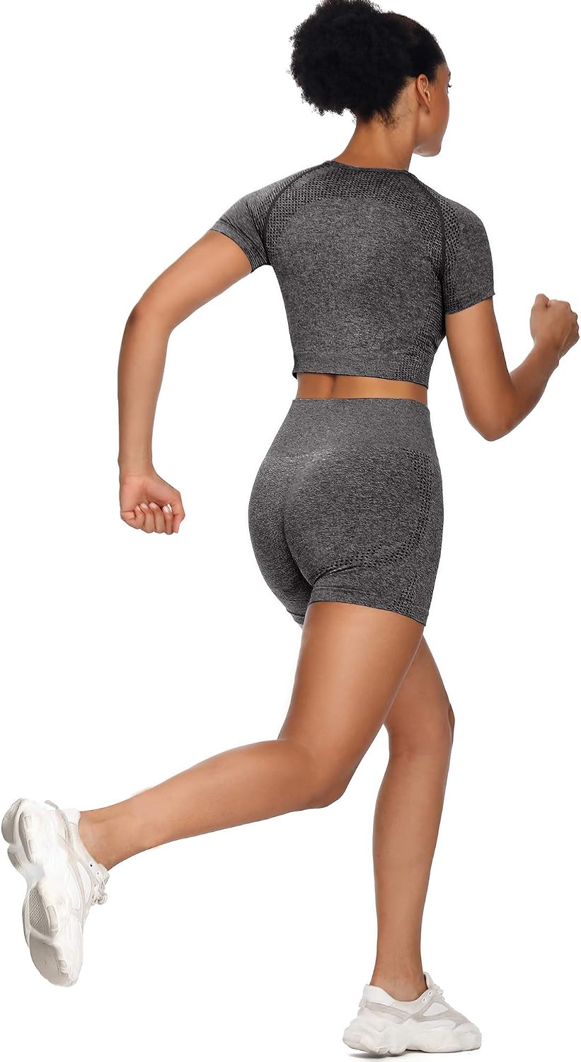 Women Seamless Yoga Outfits 2 Piece Set Workout Gym Shorts + Short Sleeve Crop Top