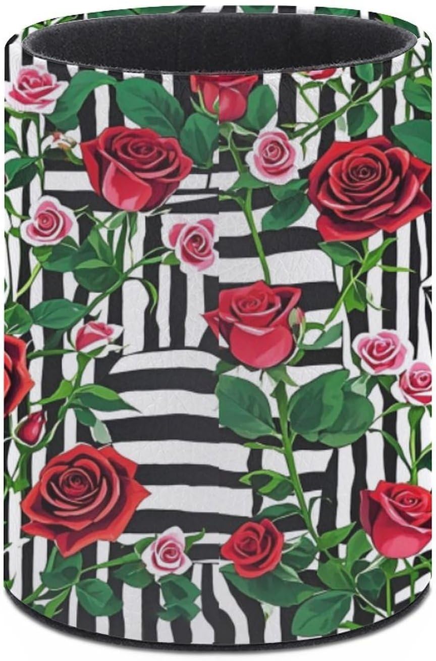 Office Black White Stripes Rose Flowers Desk Organizer Pen Holder Round image 3