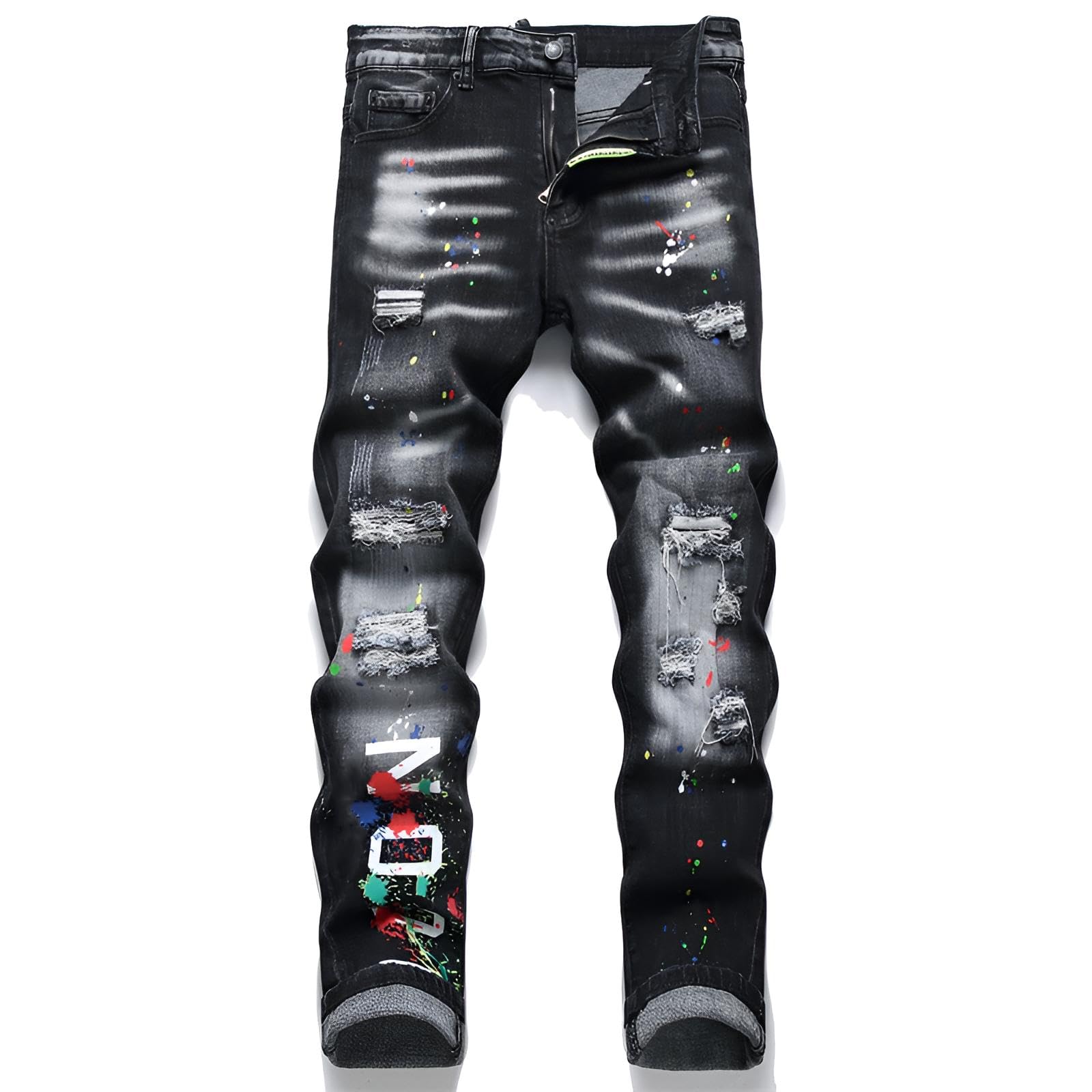 Vaqueros Hombre Slim Fit – Pantalones de Mezclilla Elástica con Diseño de Roturas, Estilo Hip-Hop Streetwear Y2K, Efecto de Salpicado de Tinta, Moda Casual y Versátil