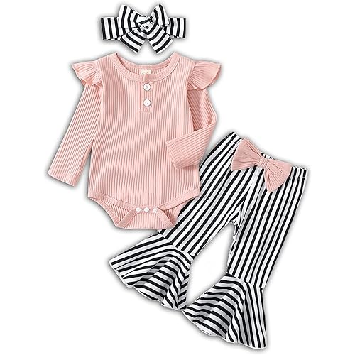 Newborn Baby Girl Clothes Ribbed Ruffled Romper+Striped/Cow/Leopard Flared Pants Infant Outifts 0-18 Months