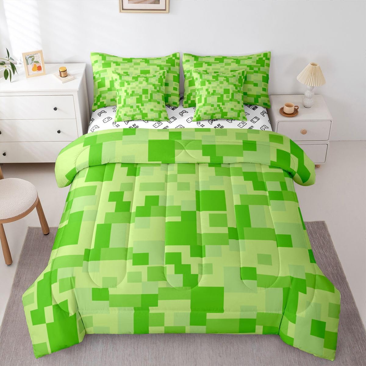Pixelated Blocks Full Size Comforter,Video Games Abstract Gamepad Bedding Set 7 Piece,Geometric Grid Patchwork Decor for Boys Girls,Light Green(Fitted+Sheet+2 Pillowcases+2 Throw Pillow Covers)