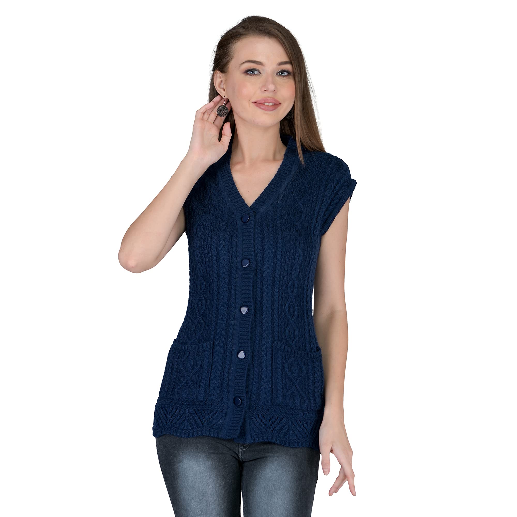lady willington Women's Wool V-Neck Cardigan (PUREWOOLRAINBOWSEMIHALFSLEEVECOTTY_Navy_L)-picture-55