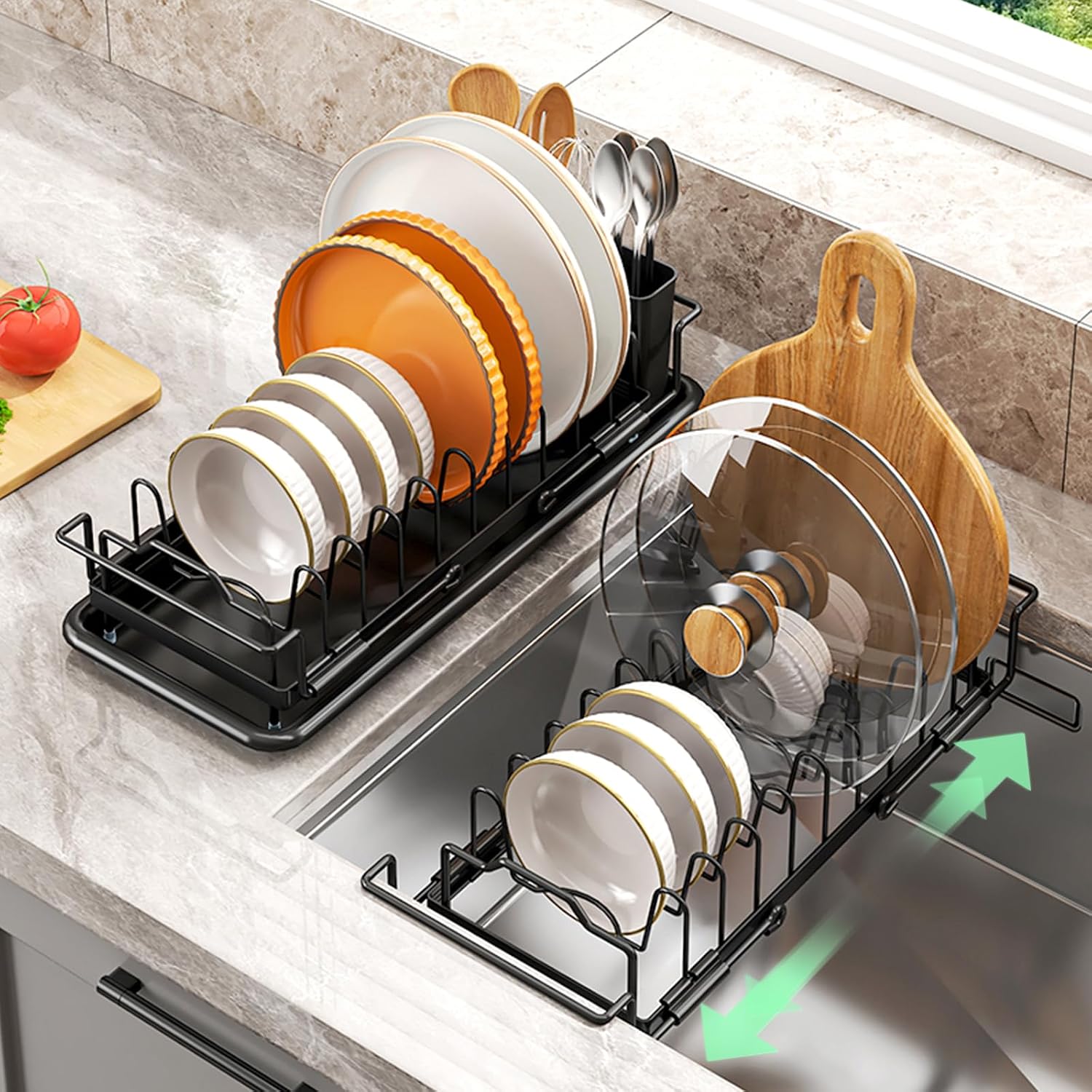Small Sink Dish Drying Rack - Expandable Dish Rack Over Sink with Drainboard, Adjustable Dish Drainer with Utensil Holder, Compact Plate and Bowl Rack for Kitchen Counter,Black