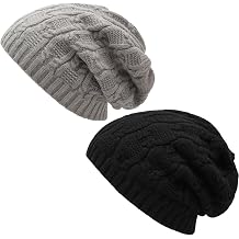 Beanie Hats for Women, 2 Pack Winter Hats for Women UK, Satin Lined Beanie, Slouchy Beanies, Ladies Winter Hats, Black Beanies Hat Womens, 27CM x 23CM