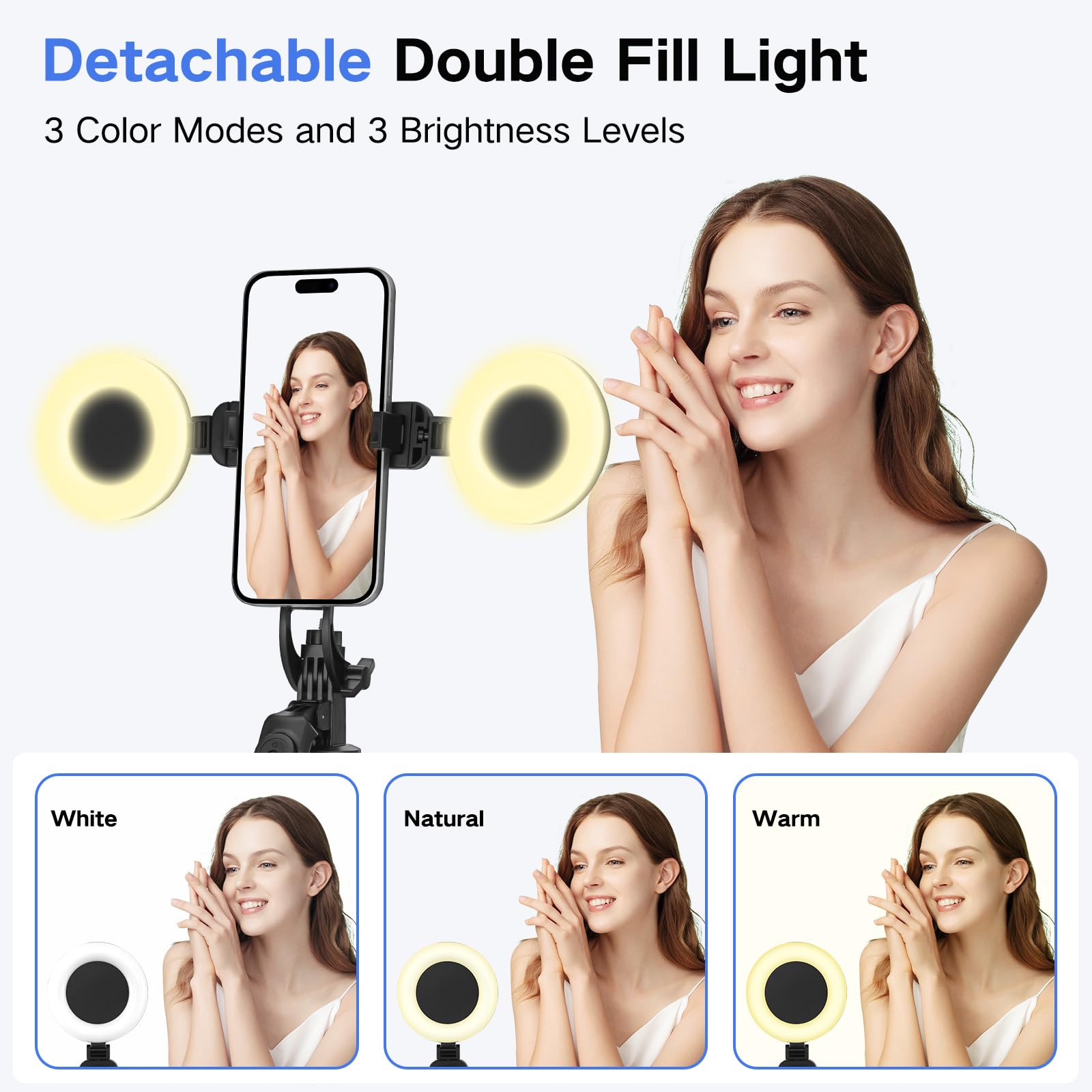 Trépied selfie stick avec 2 lumières de remplissage, en métal avec télécommande amovible, 180 cm trépied pour smartphone compatible avec iPhone & Android Smartphone