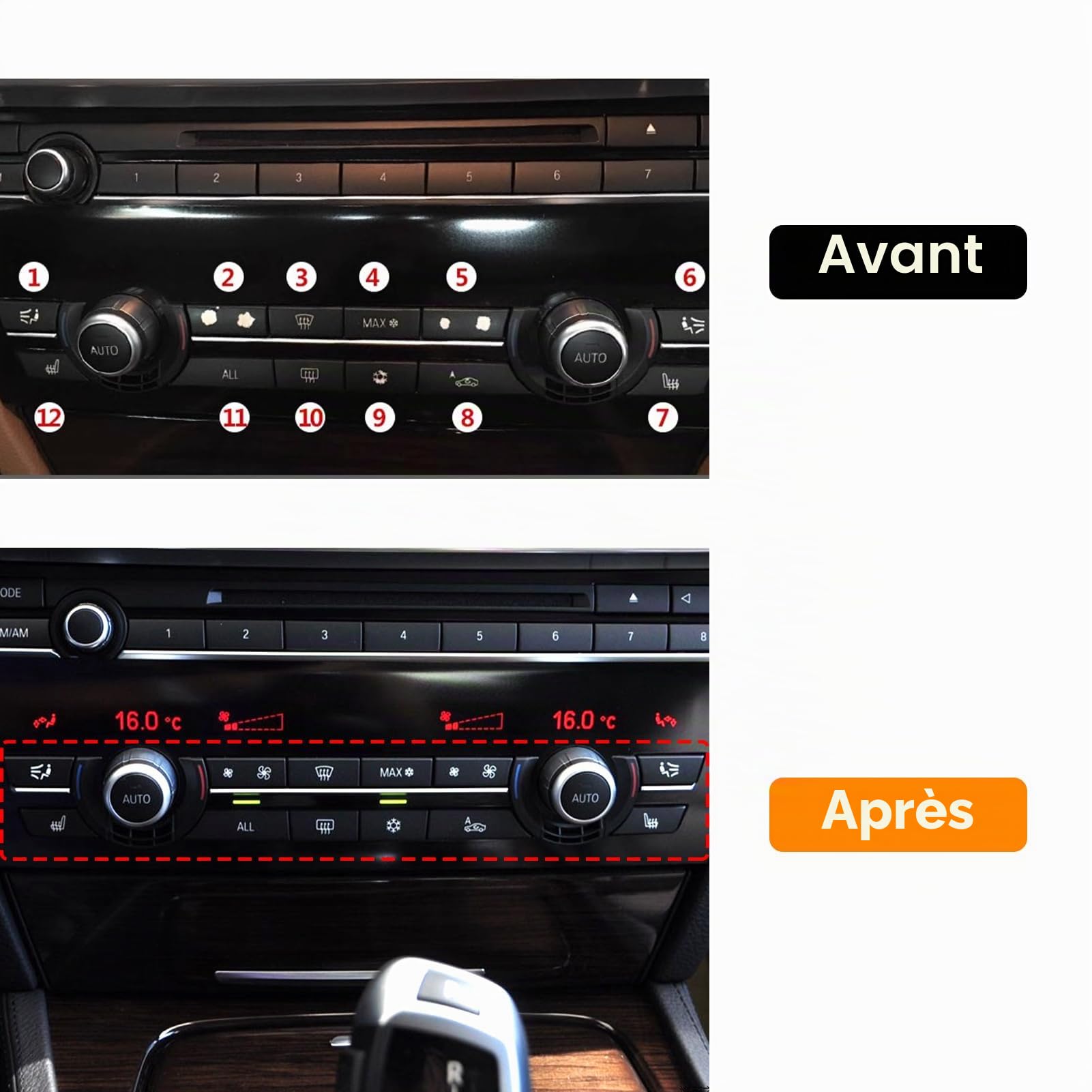 TTCR-II 12PCS Compatibles avec BMW Bouton Commutation Chauffage Série 5/6/7 F01 F02 F03 F04 F06 F07 F10 F11 F12 F13, 61319313923 Couvercle Bouton Commutation A/C Climatisation Console Centrale