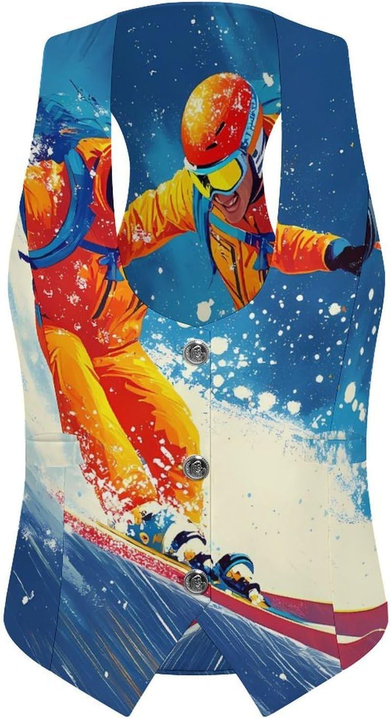 Skier Ski Skiing Snowy Mountain Women's Tuxedo Waistcoat Suit Vest | 3 Button V-Neck Slim Fit Casual Sleeveless Top