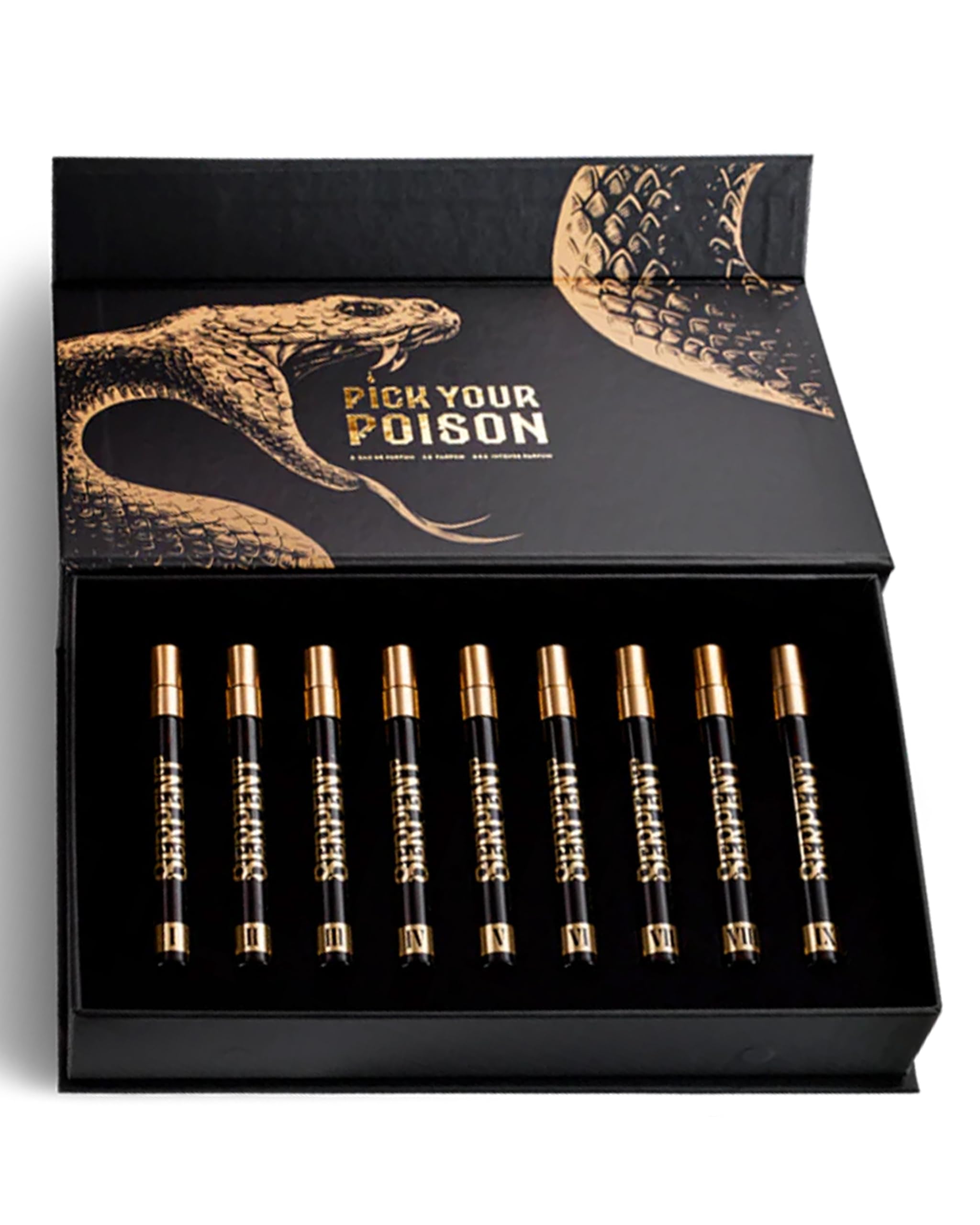 Dick Johnson Parfumkollektion Venomous Vials - Set aus 9 Exklusives Düften von Eau de Parfum bis Intense Parfum Geschenkbox mit kunstvoll designten Tarot Karten - 90 ml