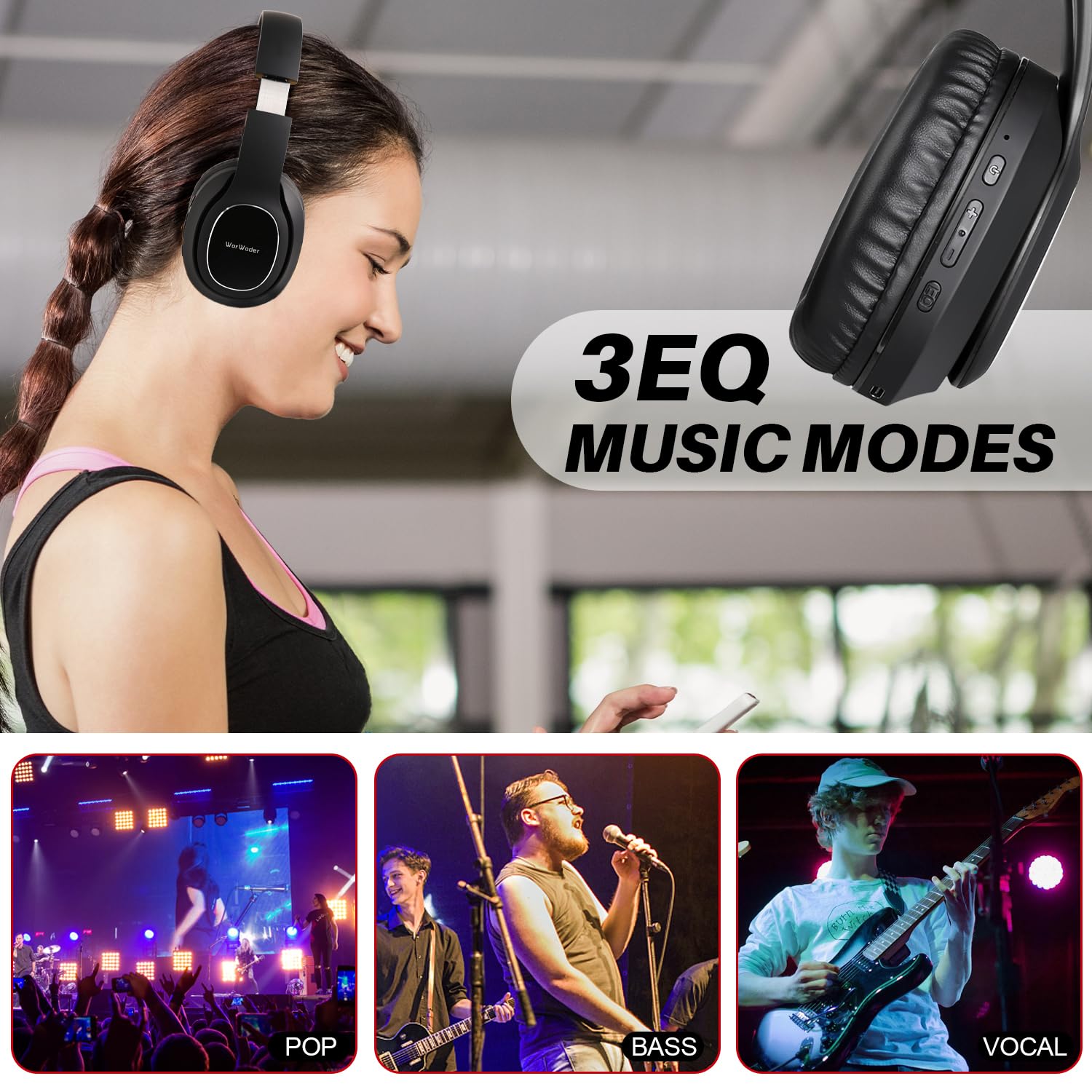 WorWoder Cuffietta senza fili da 80 ore, Bluetooth 5.0 wireless e cablata, audio stereo HiFi con microfono, cuffie leggere con bassi profondi per lavoro, viaggi di classe online (nero)