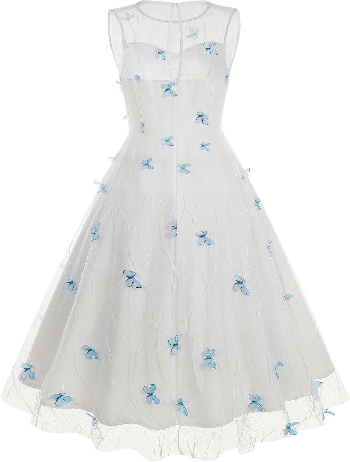 White Butterfly Dress for Women - Sheer Embroidered Valentine's Print Sleeveless Cocktail Dress - 50s Knee Length Short S - Image 3