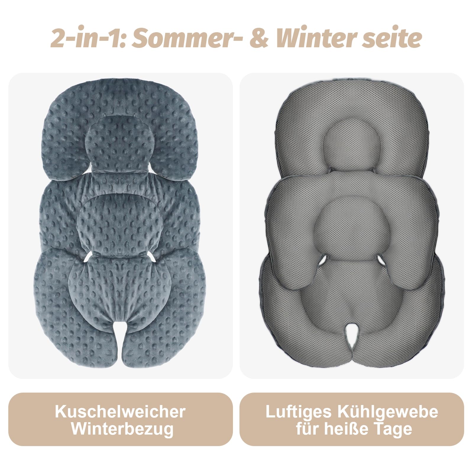 Coussin de siège auto pour bébé - Soutien de la tête et du corps pour nouveau-né - Coussin réversible 2 en 1 - Coussin de poussette doux - Pour sièges auto, landaus, poussettes et balançoires - Gris